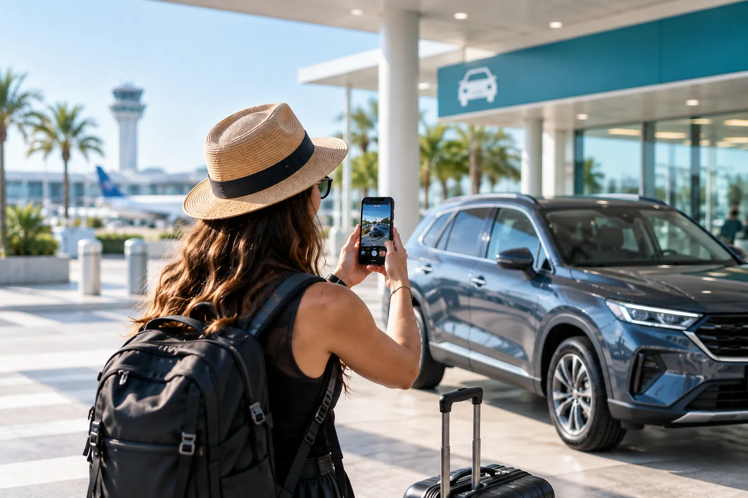 Traveller photographing a rental car